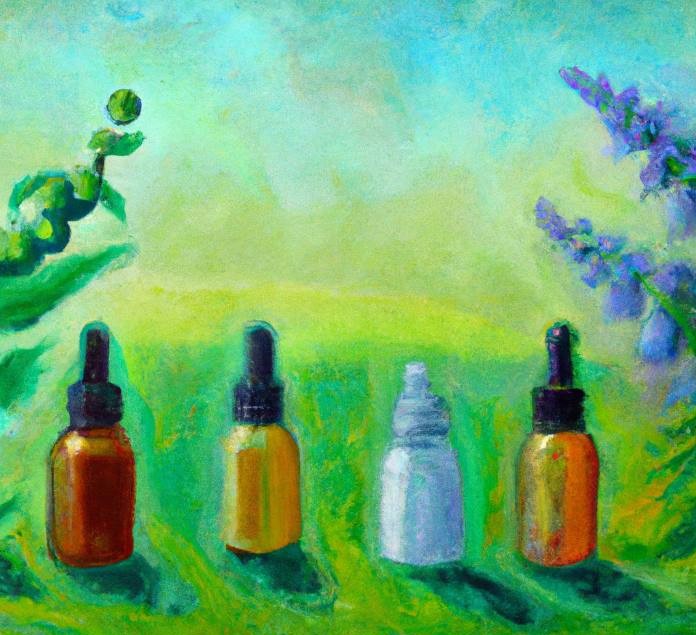 a painting of four essential oils in a natural setting