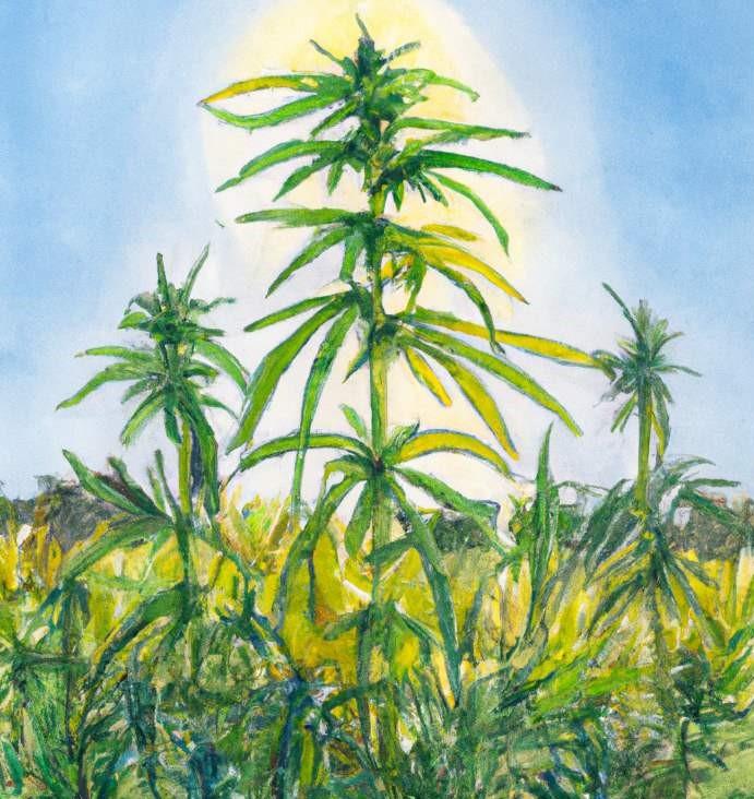 watercolor painting of a cannabis plant growing in an open field under sun and blue sky