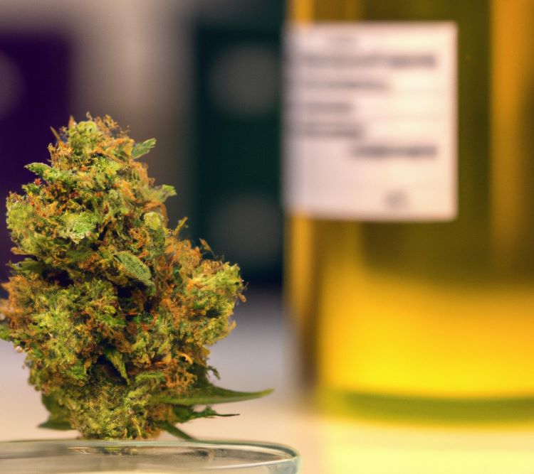 photograph of a cannabis flower next to a vial of golden colored extract against a laboratory background