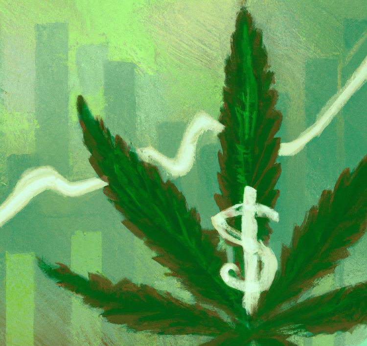 Cannabis leaf superimposed over dollar sign with chart showing growth due to cannabis copywriter.