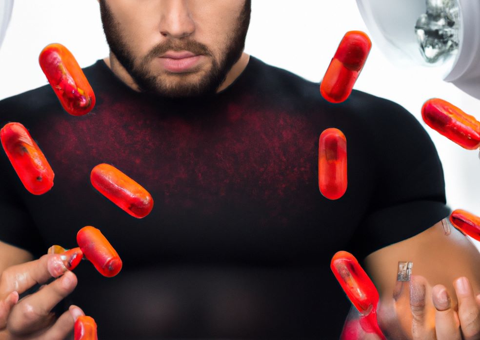 A young and physically fit male surrounded by red test booster capsules.