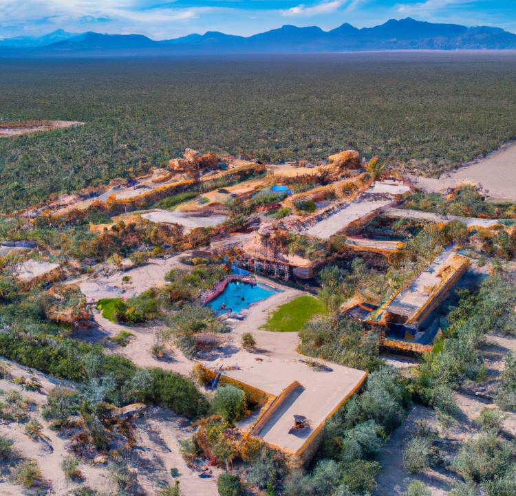 an aerial photograph of a sprawling eco-friendly oasis holistic health resort in the desert