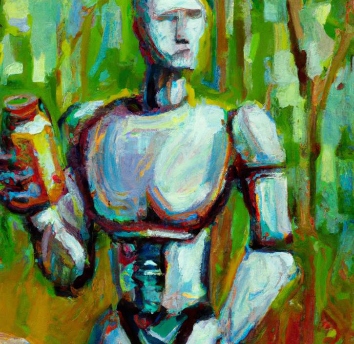 an impressionist painting of a humanoid robot holding a bottle of supplements in its hand in a natural and organic setting
