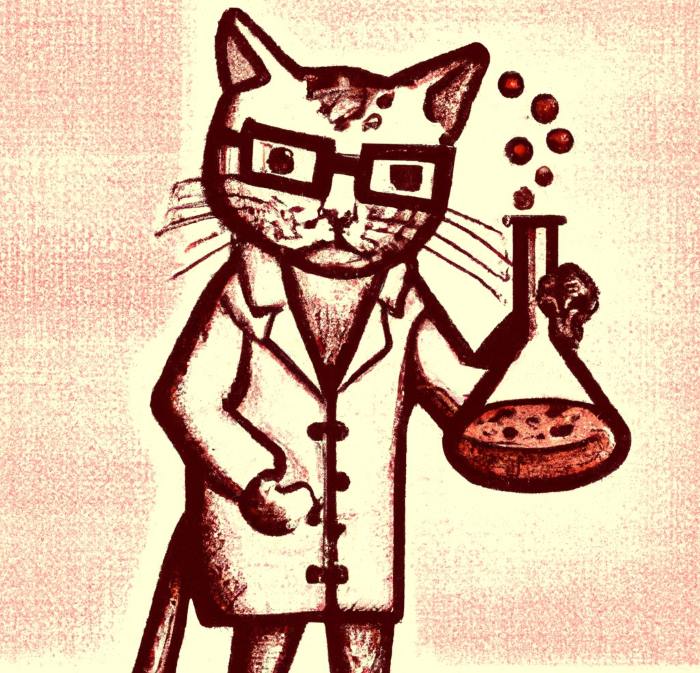 Bespectacled cartoon cat dietary supplement formulation expert holding a beaker.