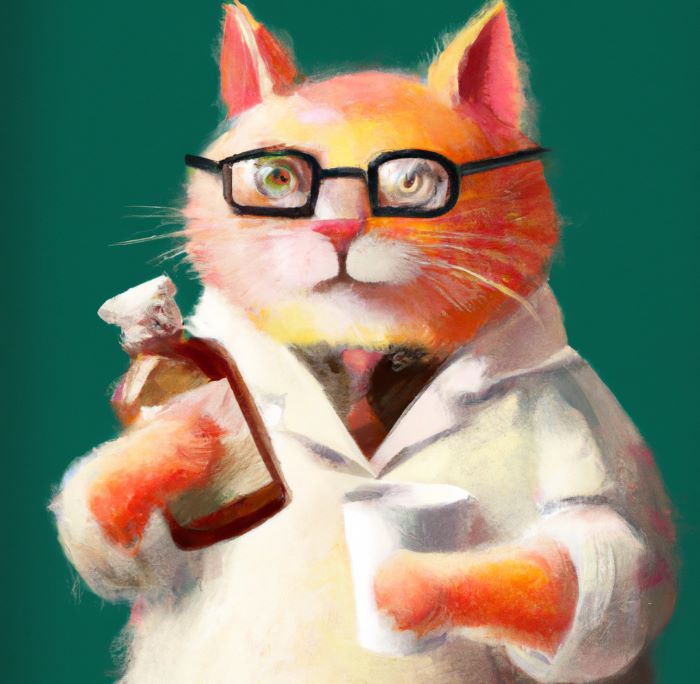 An orange cat wearing glasses wearing a lab coat holding an amber supplement bottle and a styrofoam cup of coffee.